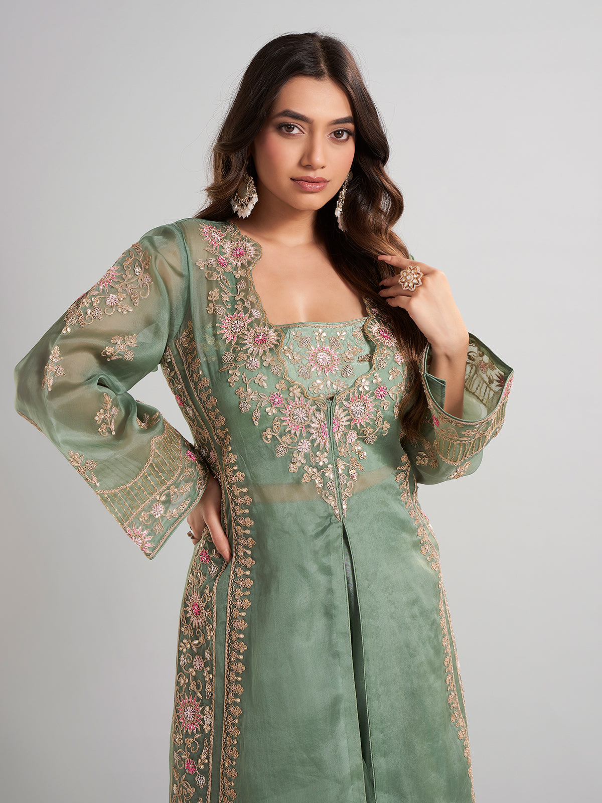 Pista green designer pakistani tissue and satin silk palazzo suit