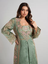 Pista green designer pakistani tissue and satin silk palazzo suit