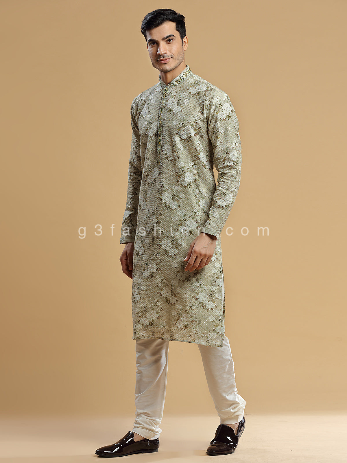 Olive georgette floral printed kurta suit