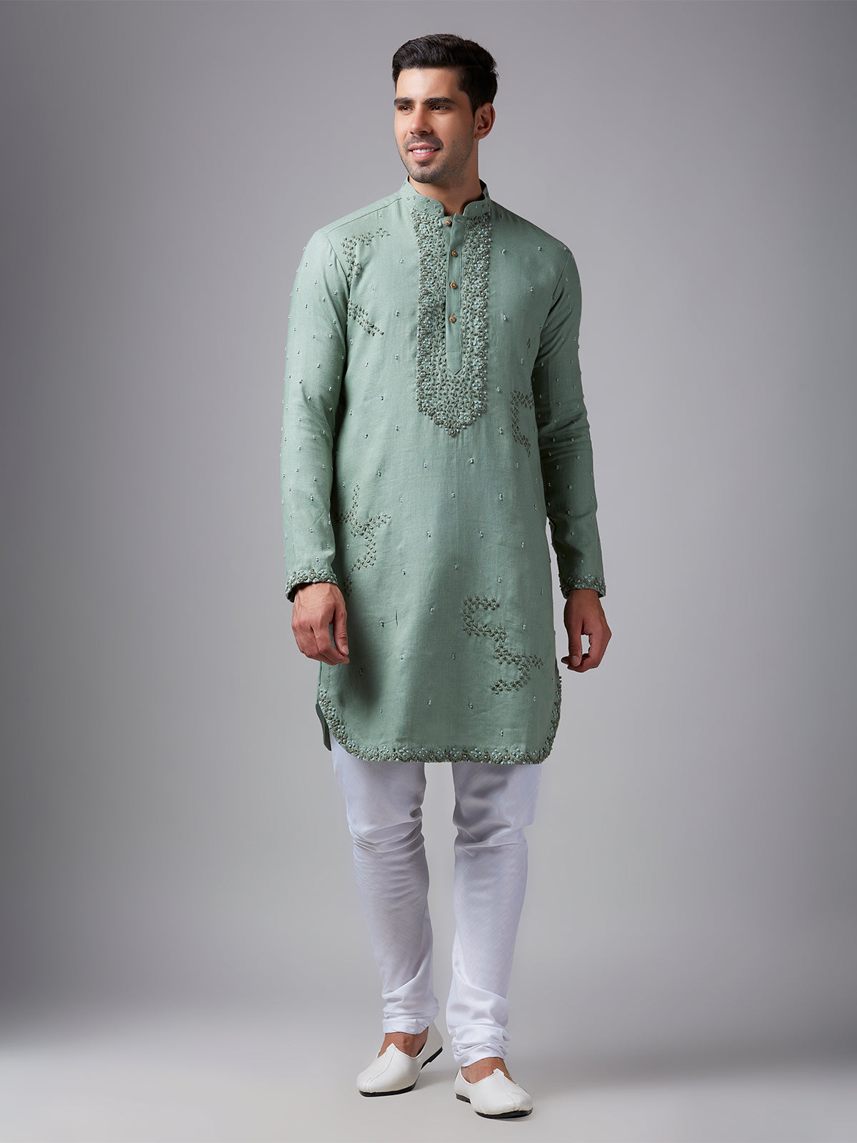 Pista green linen kurta suit for festive
