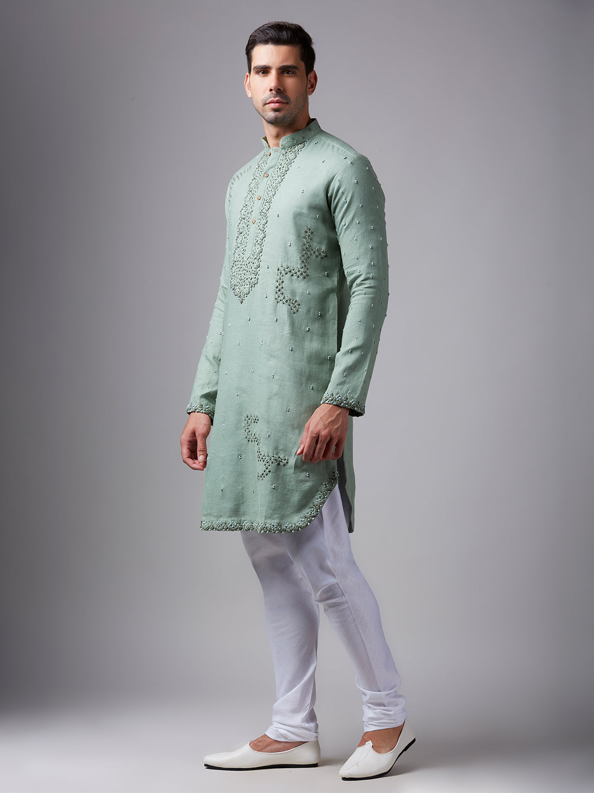 Pista green linen kurta suit for festive