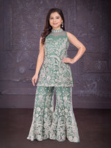 Pista green net sparkling wedding wear palazzo suit
