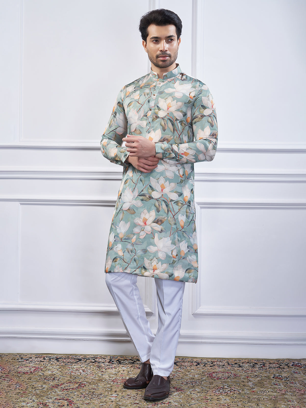 Pista green printed cotton kurta suit for festive wear