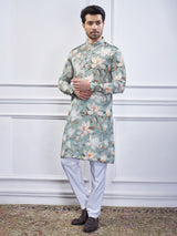 Pista green printed cotton kurta suit for festive wear