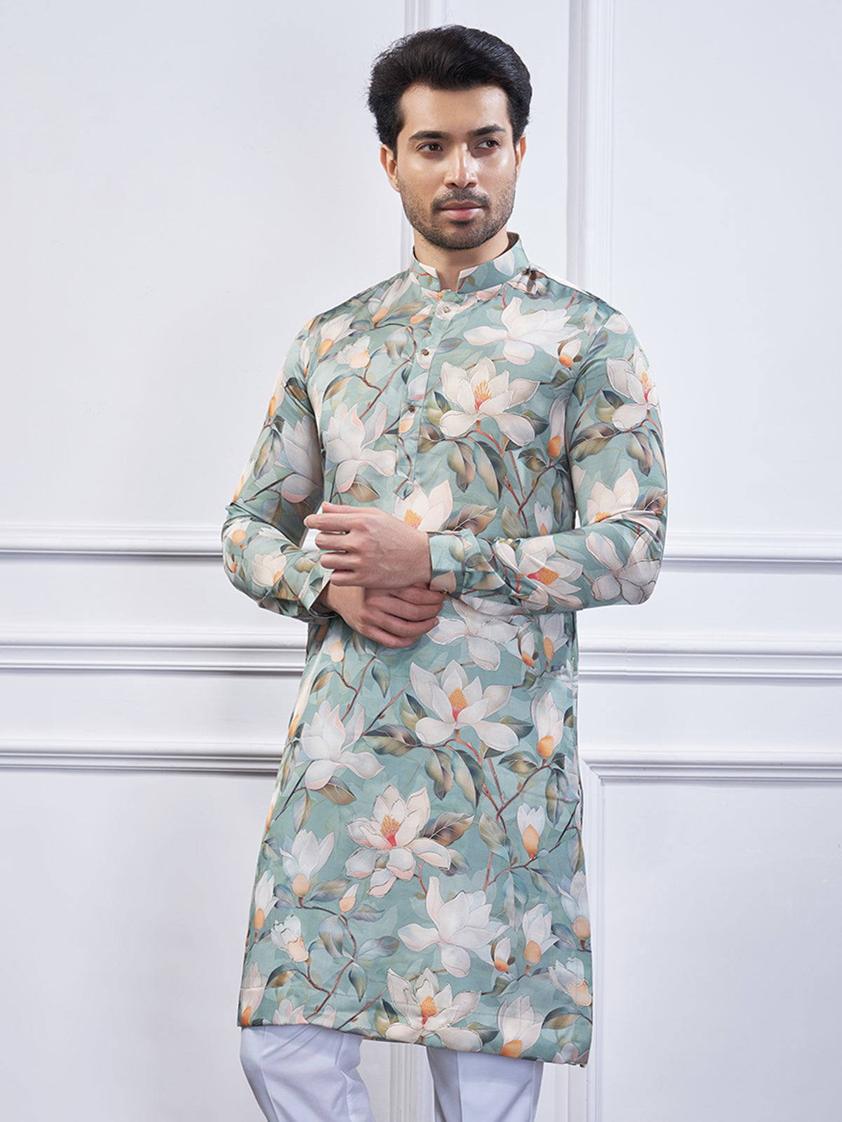 Pista green printed cotton kurta suit for festive wear