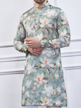 Pista green printed cotton kurta suit for festive wear