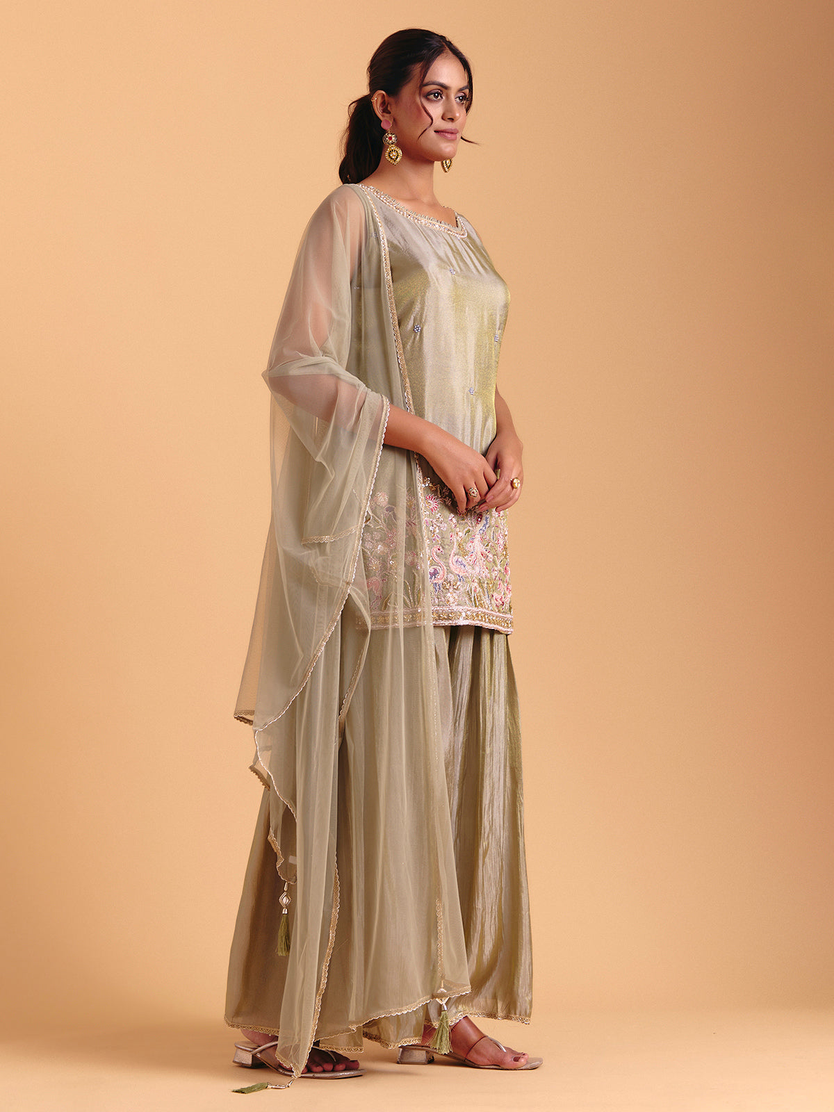 Pista green silk palazzo suit with heavy embroidery