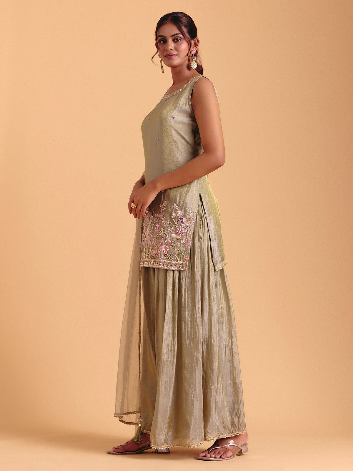 Pista green silk palazzo suit with heavy embroidery