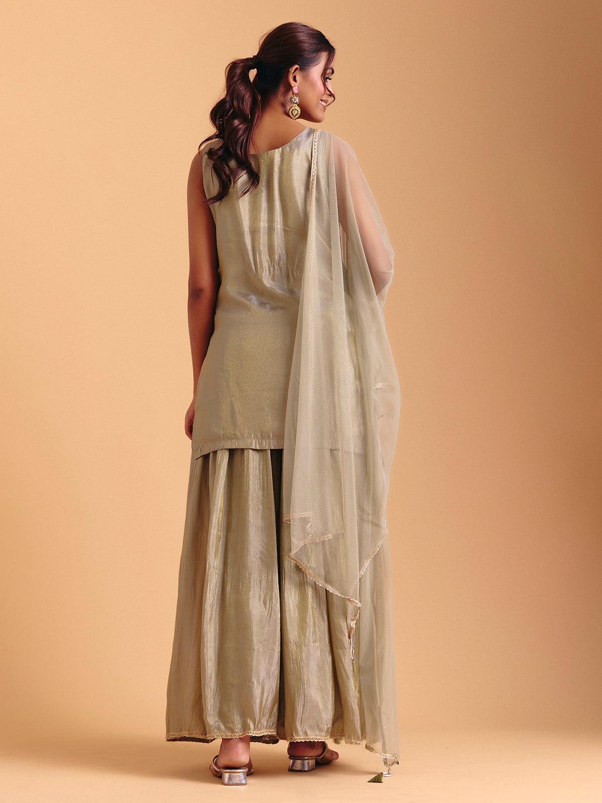 Pista green silk palazzo suit with heavy embroidery