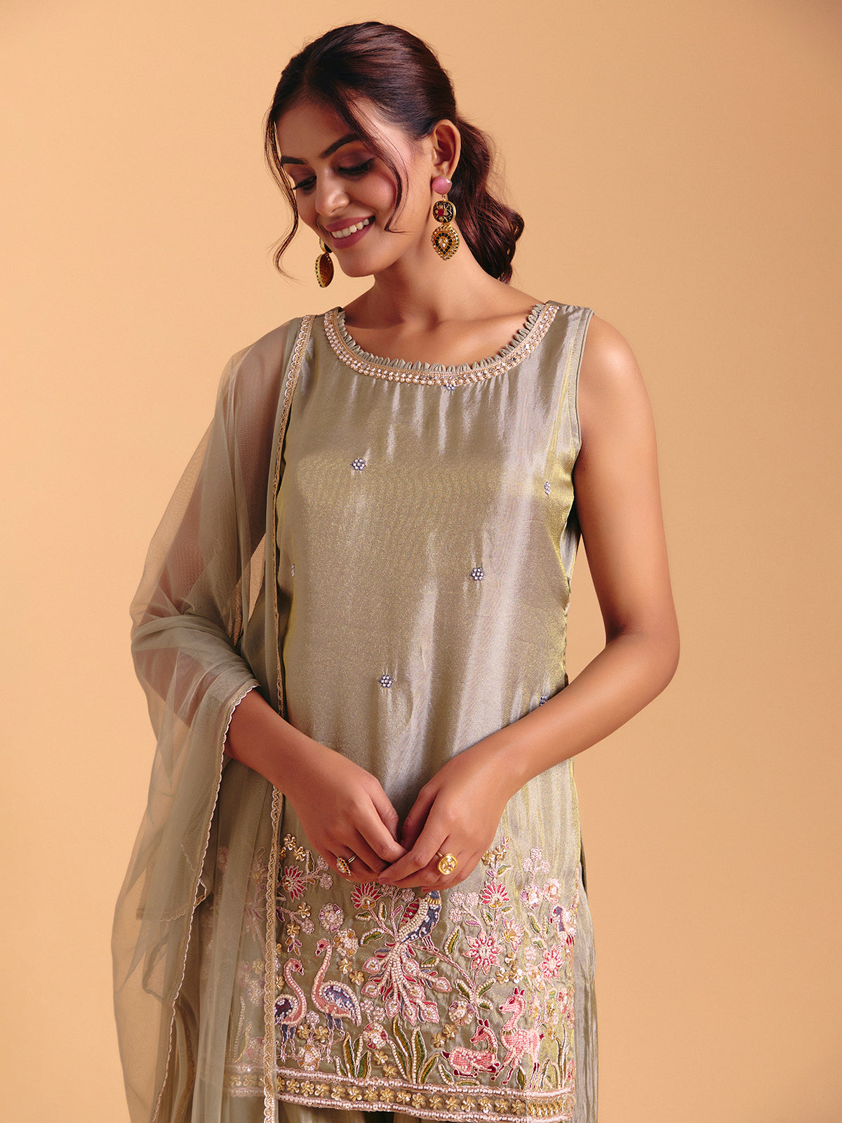 Pista green silk palazzo suit with heavy embroidery