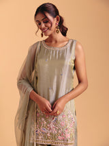 Pista green silk palazzo suit with heavy embroidery