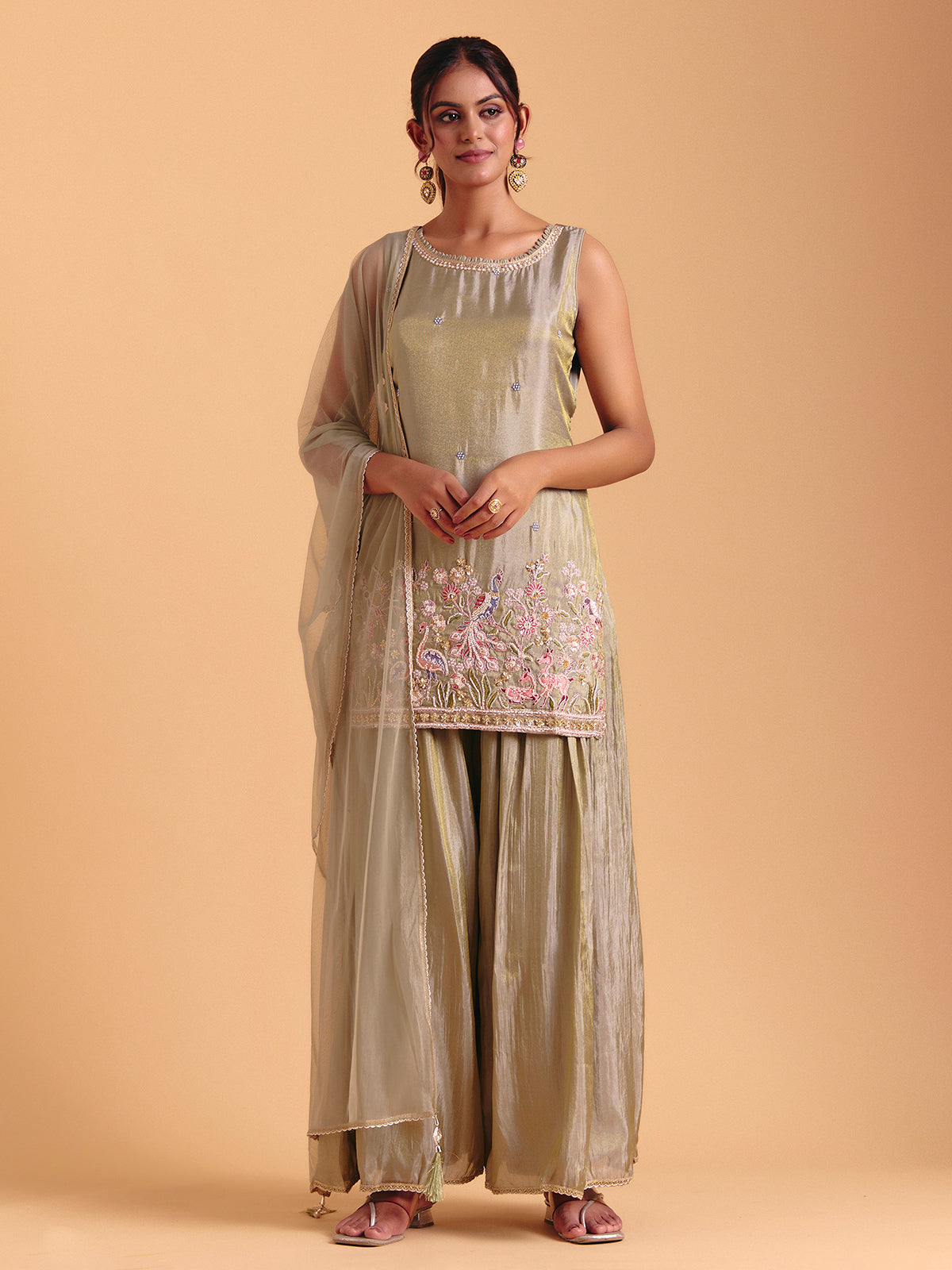 Pista green silk palazzo suit with heavy embroidery