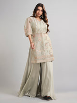 Pista green tissue and satin silk designer palazzo suit