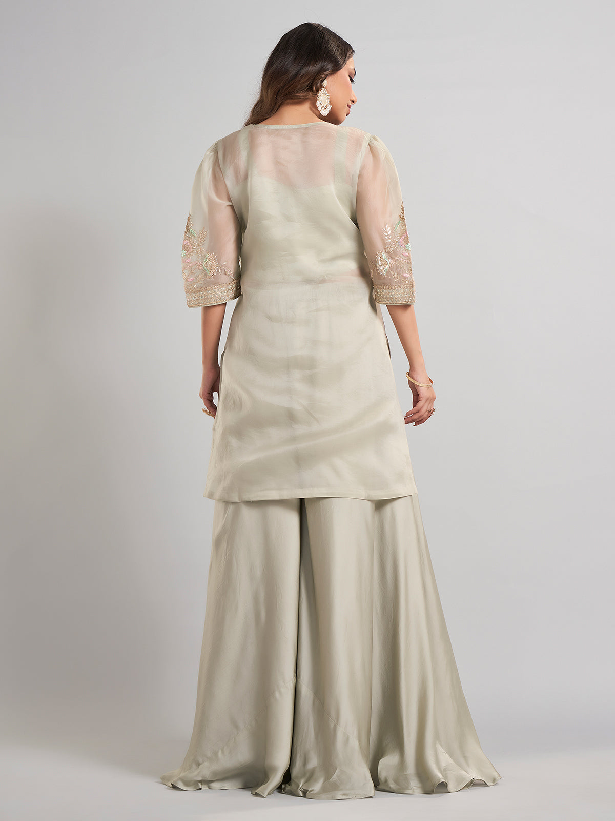 Pista green tissue and satin silk designer palazzo suit