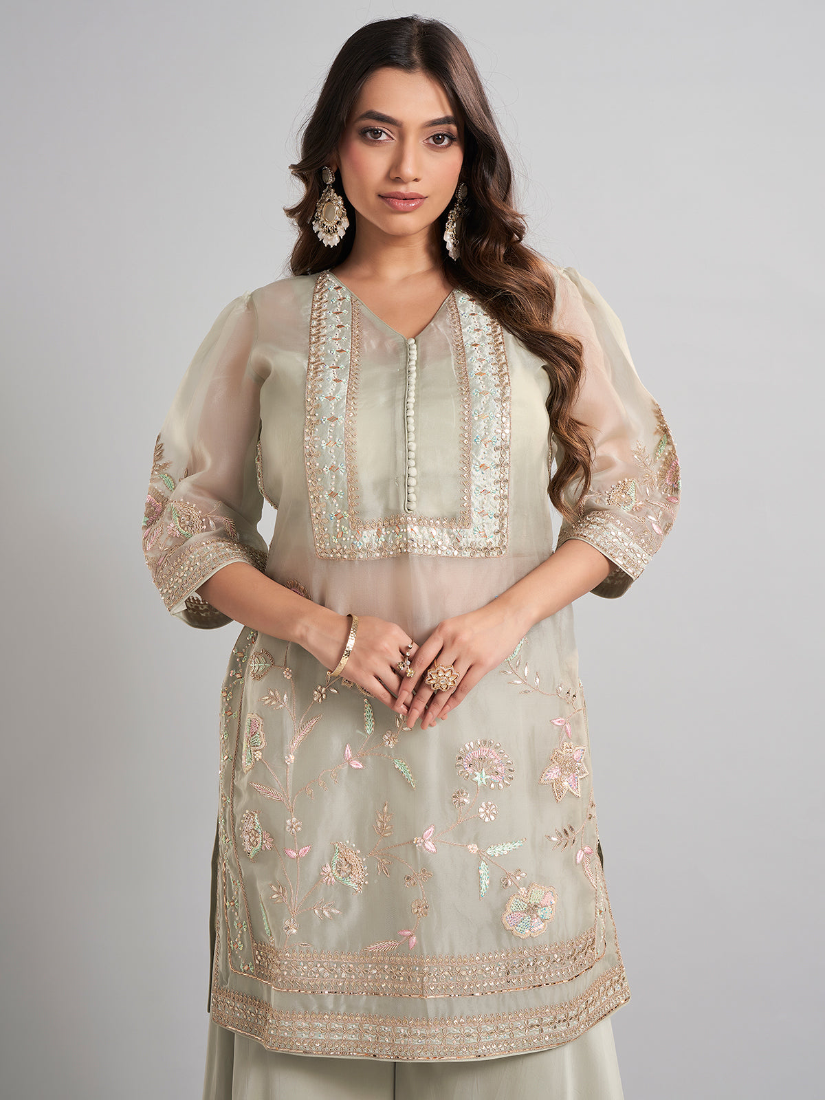 Pista green tissue and satin silk designer palazzo suit