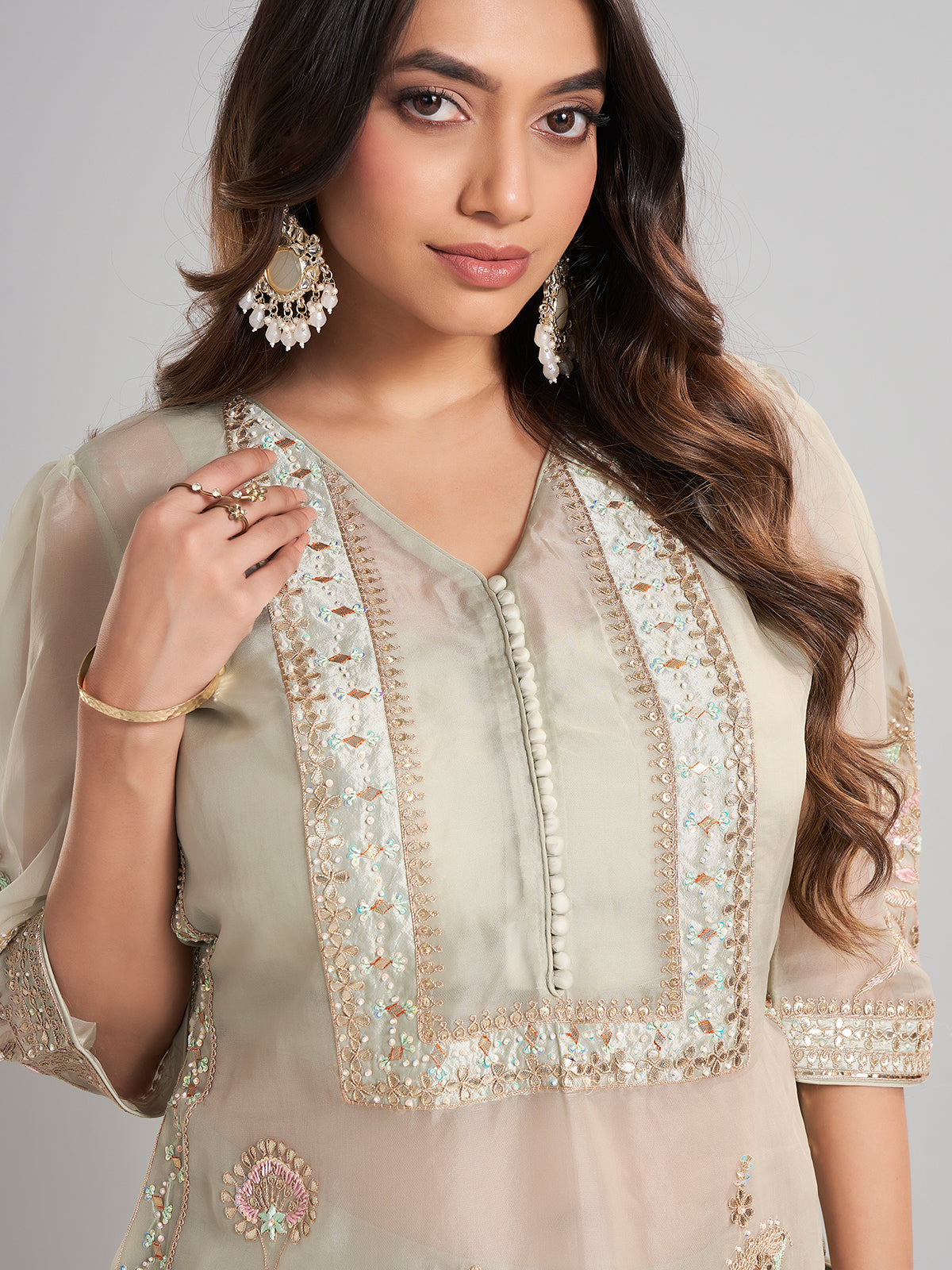 Pista green tissue and satin silk designer palazzo suit