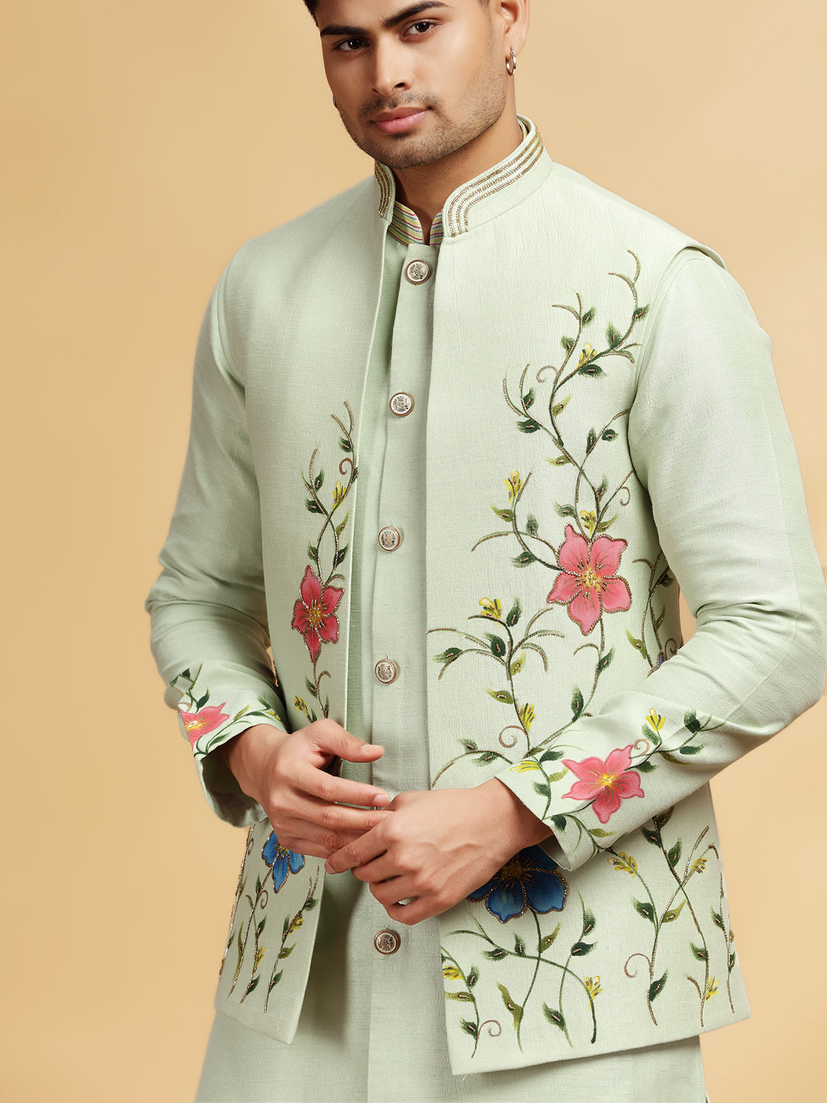 Pista silk reception wear waistcoat set with hand print
