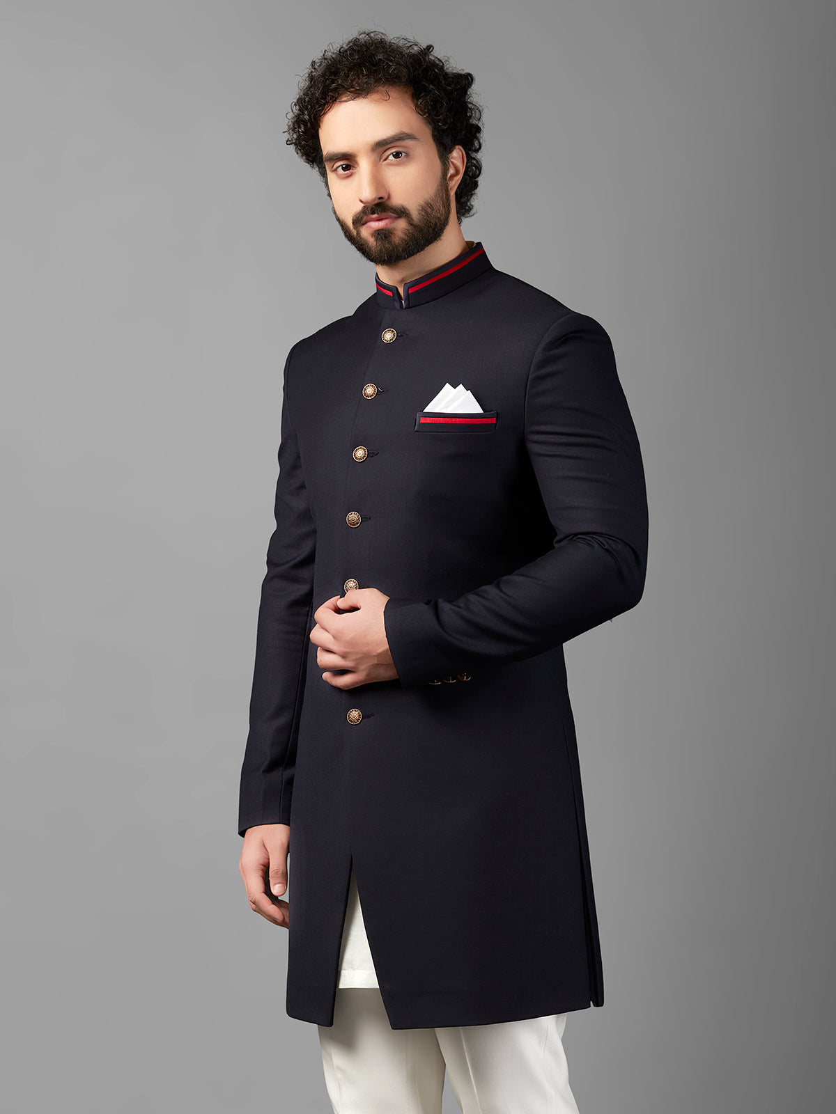 Navy plain terry rayon indowestern
