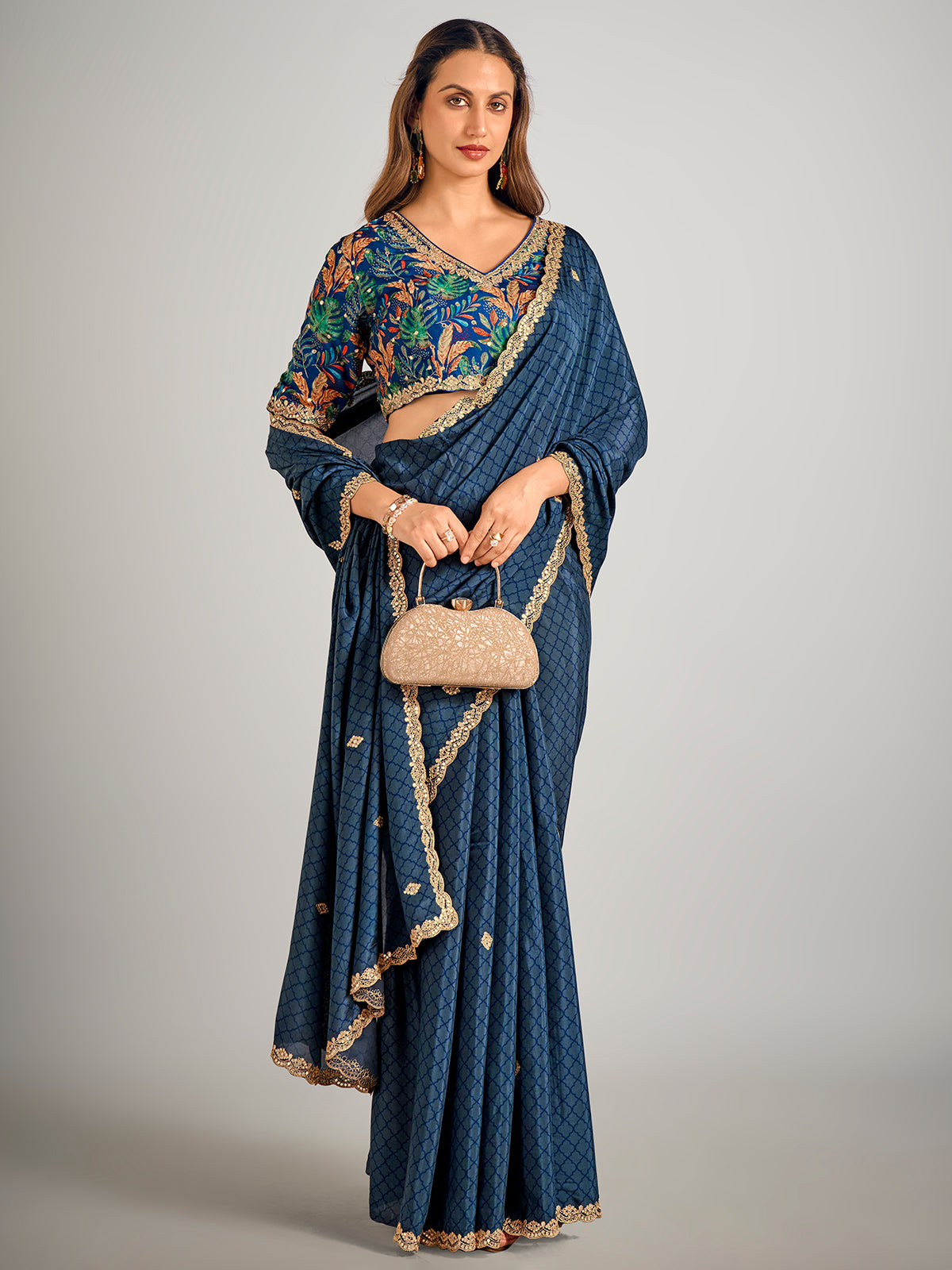 Printed blue satin silk saree