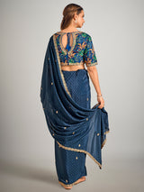 Printed blue satin silk saree