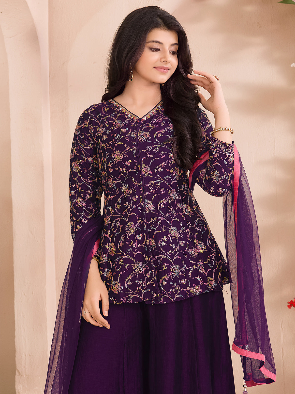 Purple cotton silk festive palazzo salwar suit ensemble