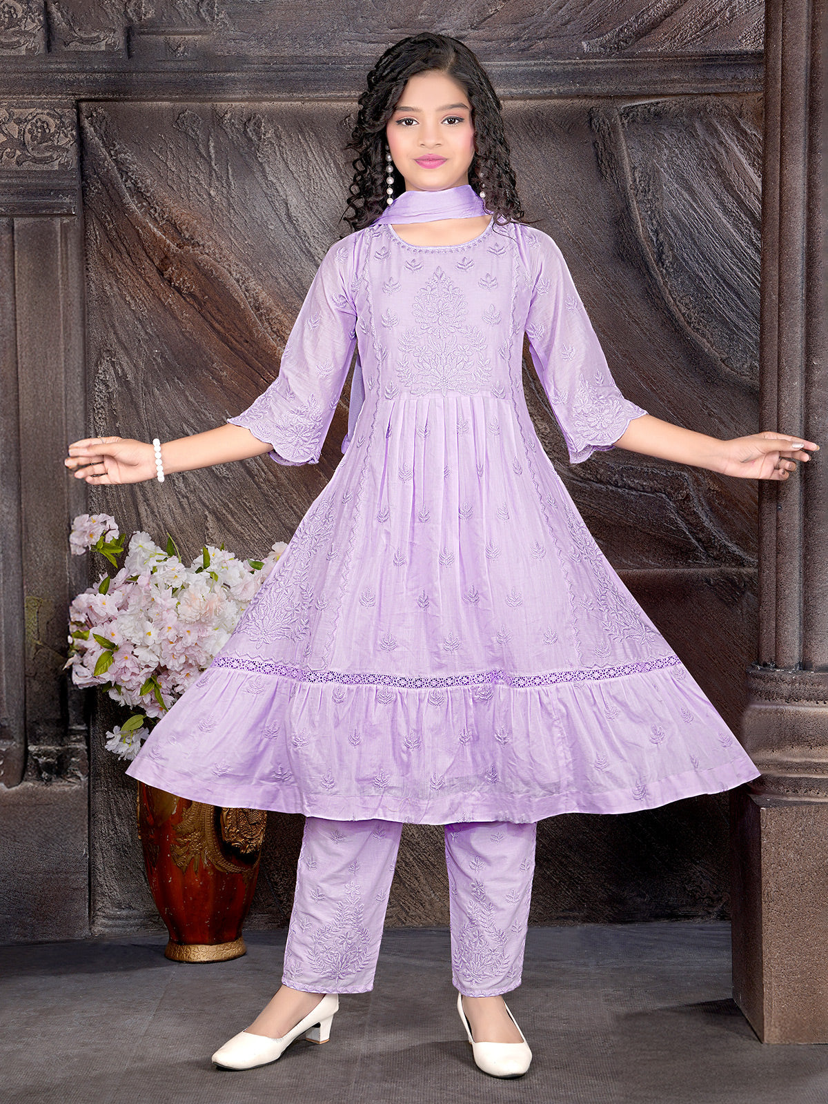 Purple embroidered pant salwar suit with quarter sleeves