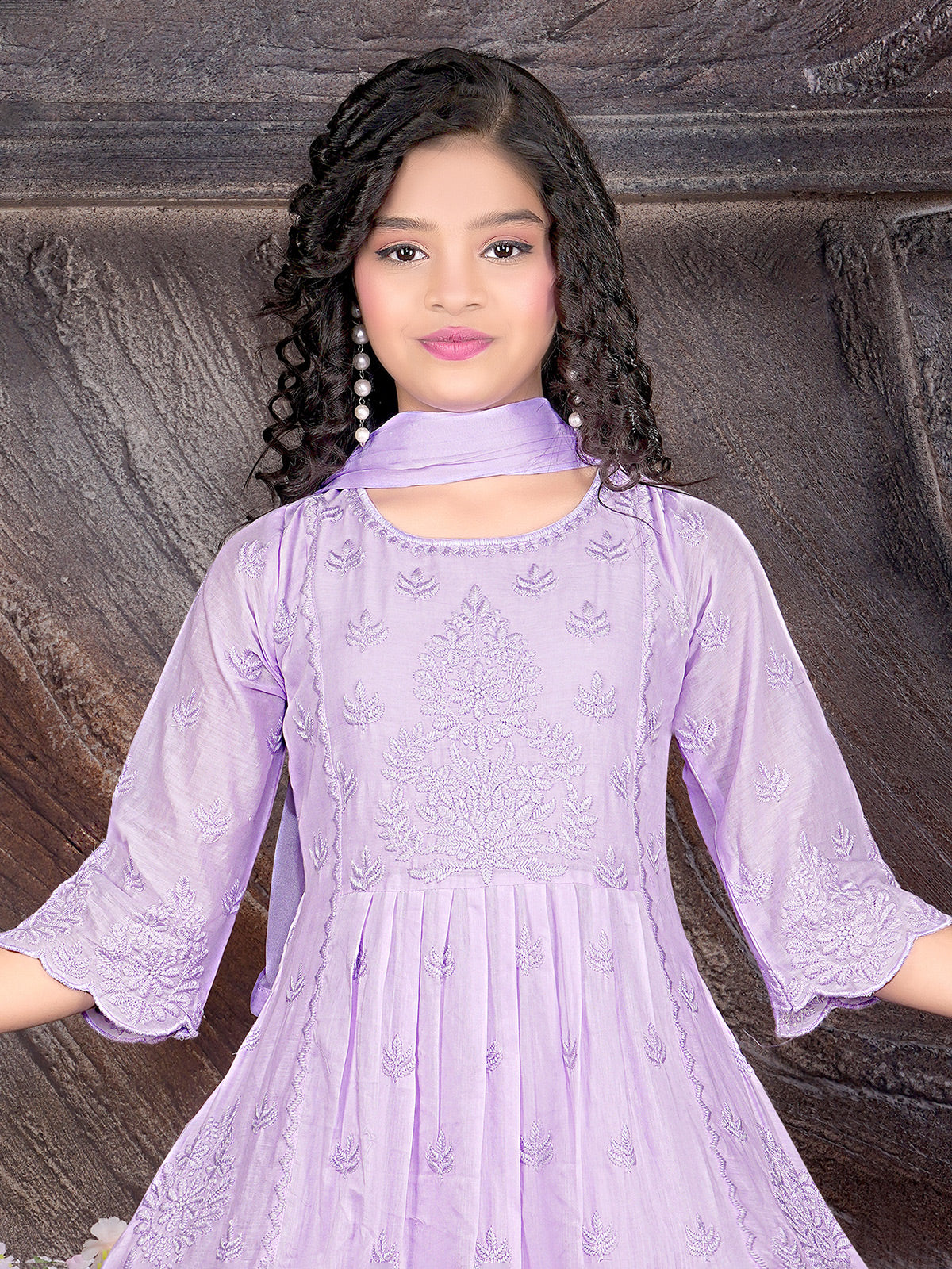 Purple embroidered pant salwar suit with quarter sleeves