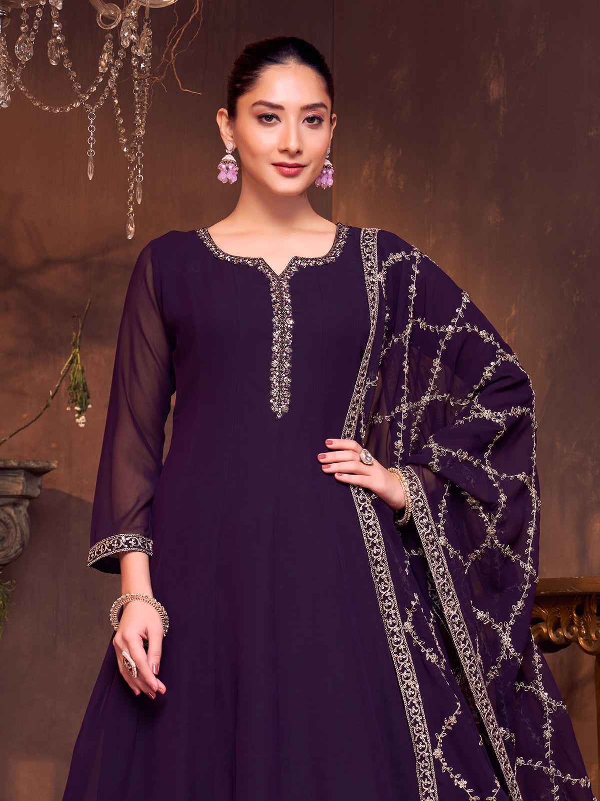 Purple georgette sweetheart neck salwar suit