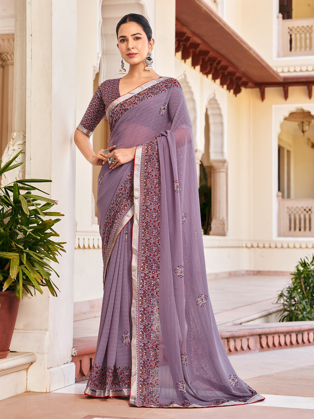 Purple printed georgette saree for party wear