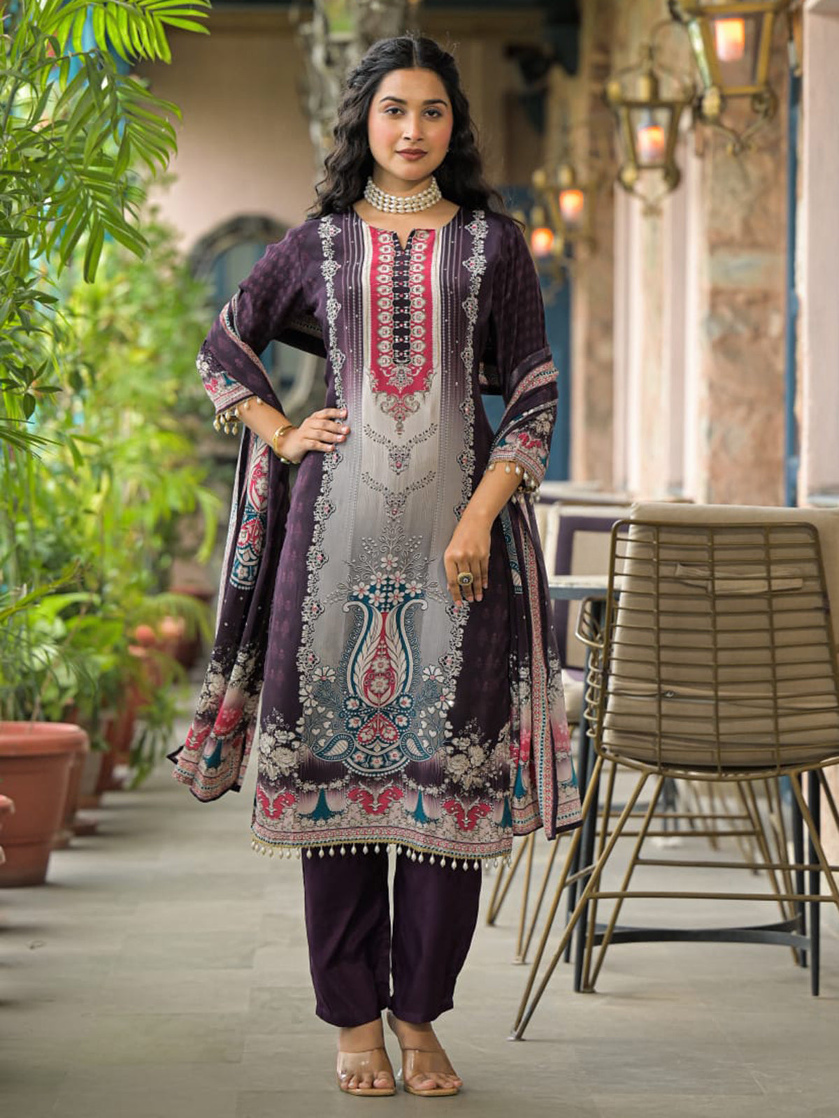 Purple printed kurti set with dupatta for women