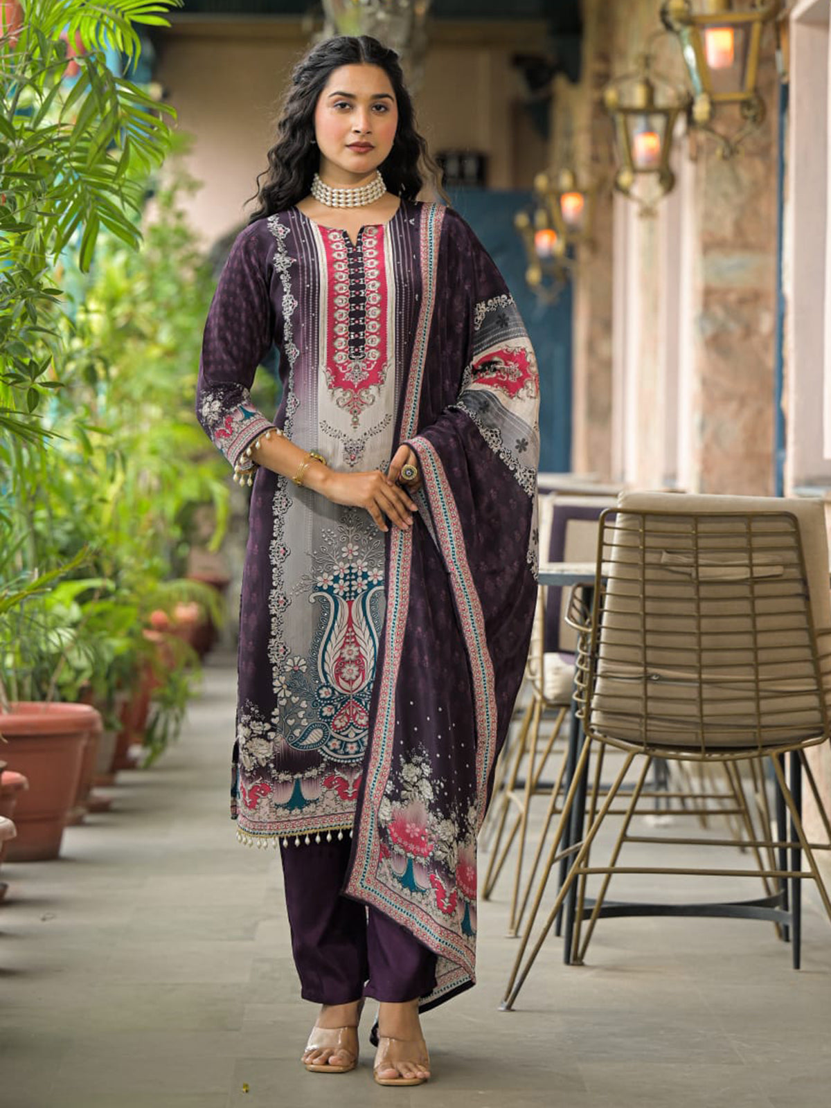 Purple printed kurti set with dupatta for women