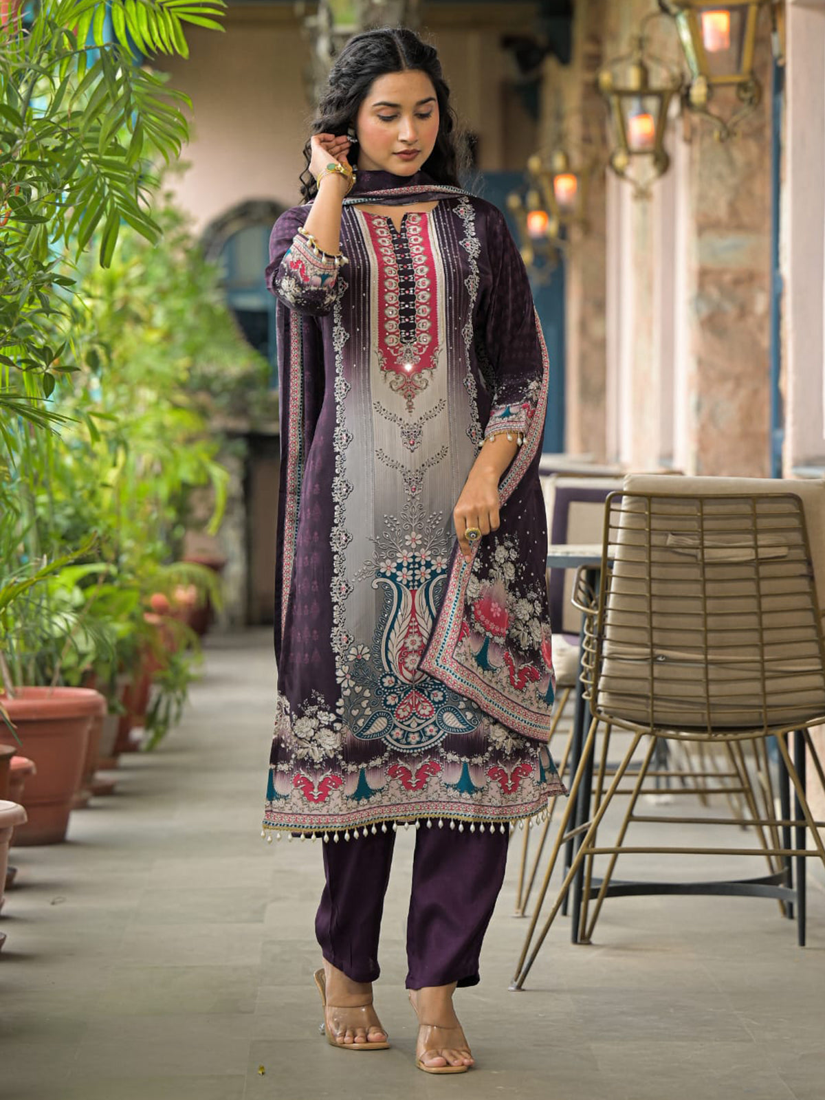 Purple printed kurti set with dupatta for women