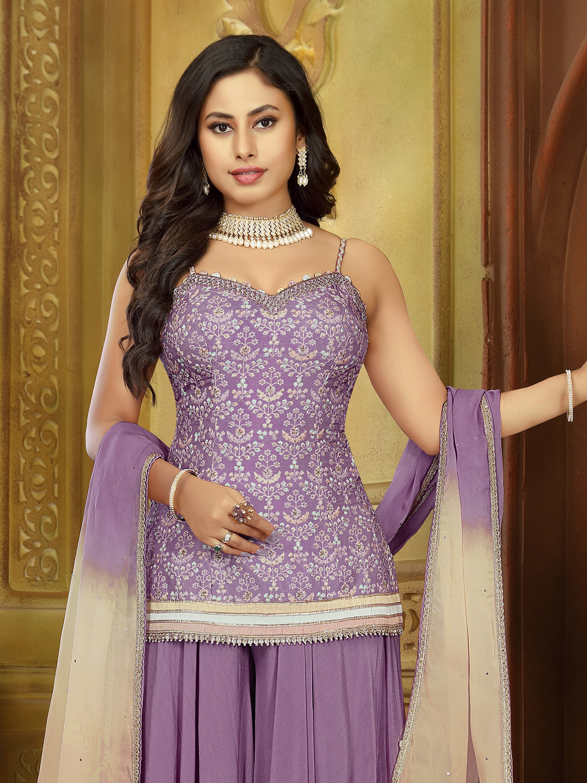 Purple printed silk palazzo suit for festive celebration