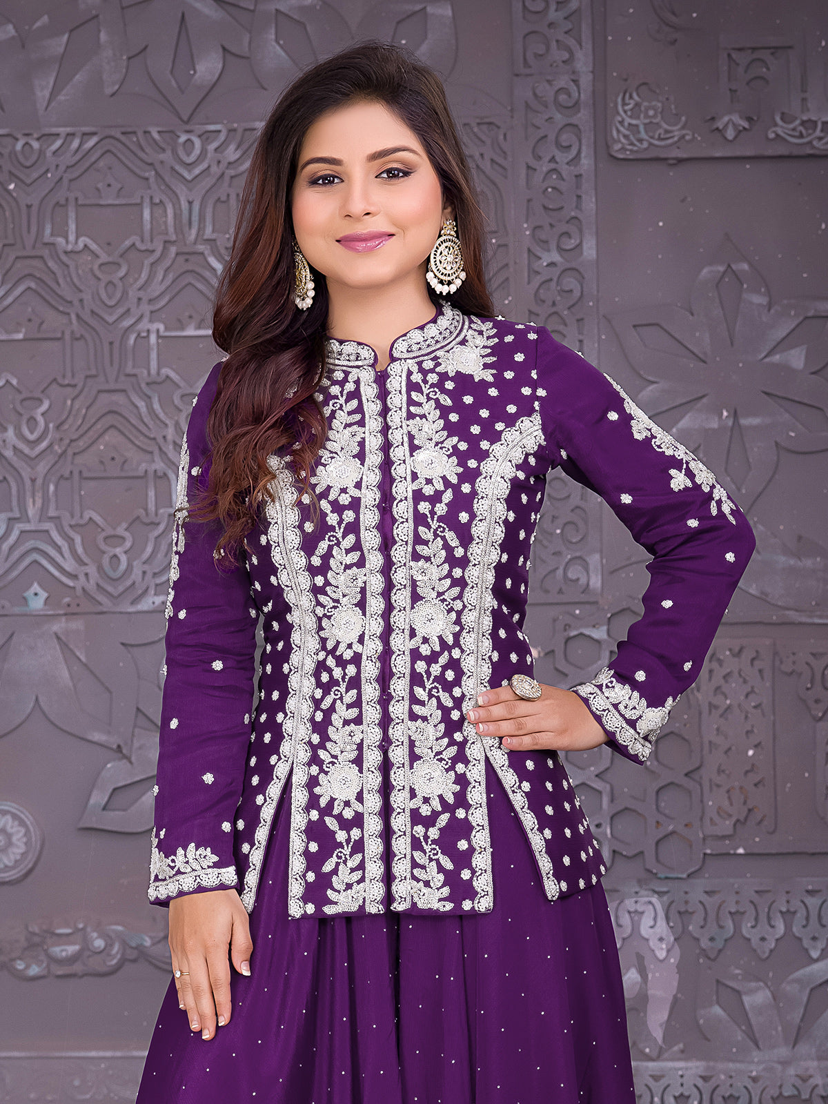 Purple silk palazzo suit with sequins, beads, and cutdana elegance