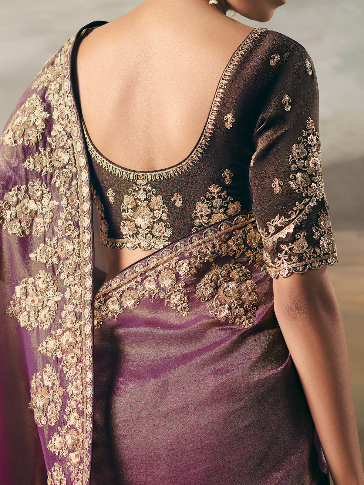 Purple tissue silk ornate festive saree
