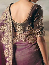 Purple tissue silk ornate festive saree