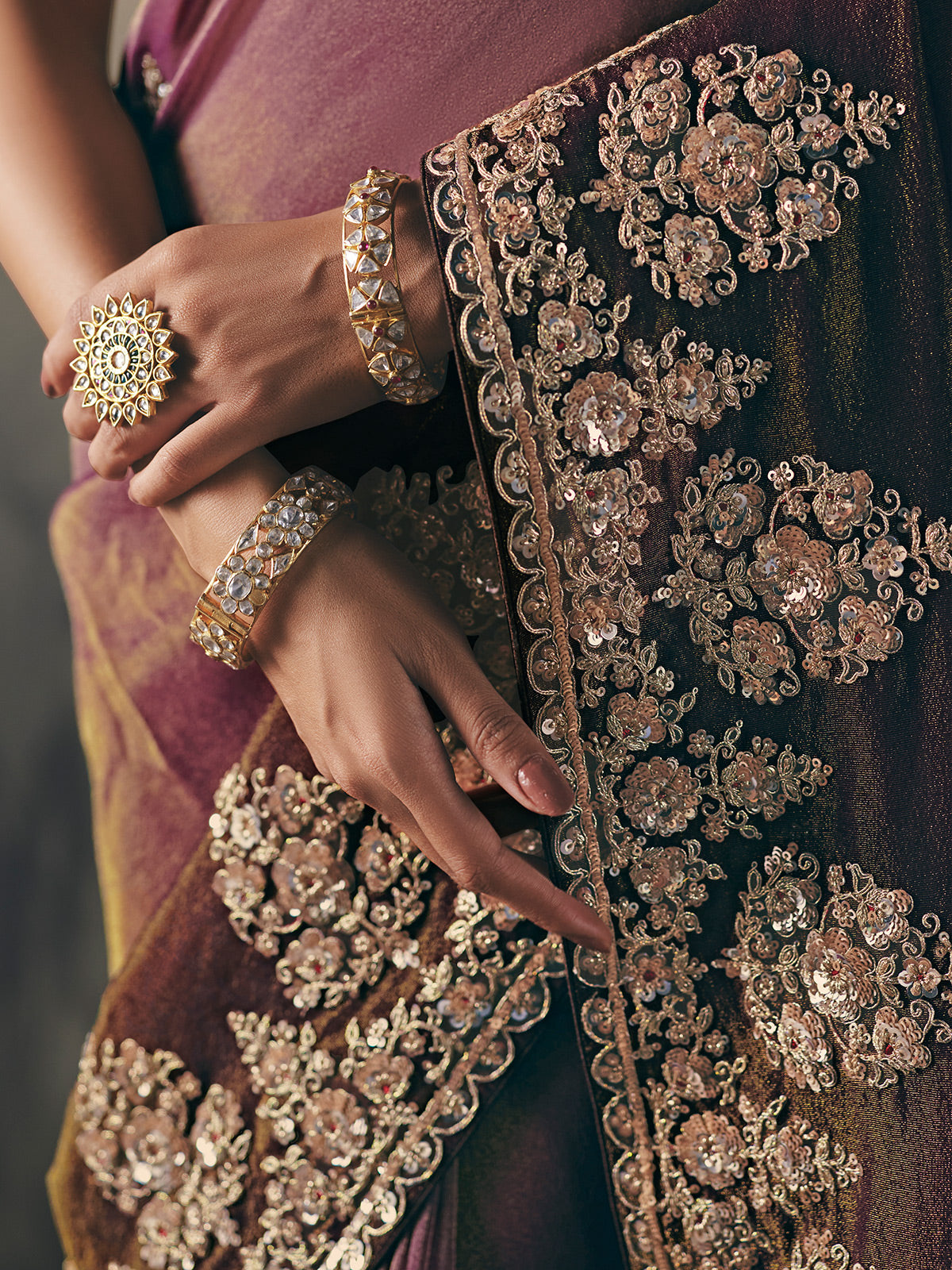 Purple tissue silk ornate festive saree