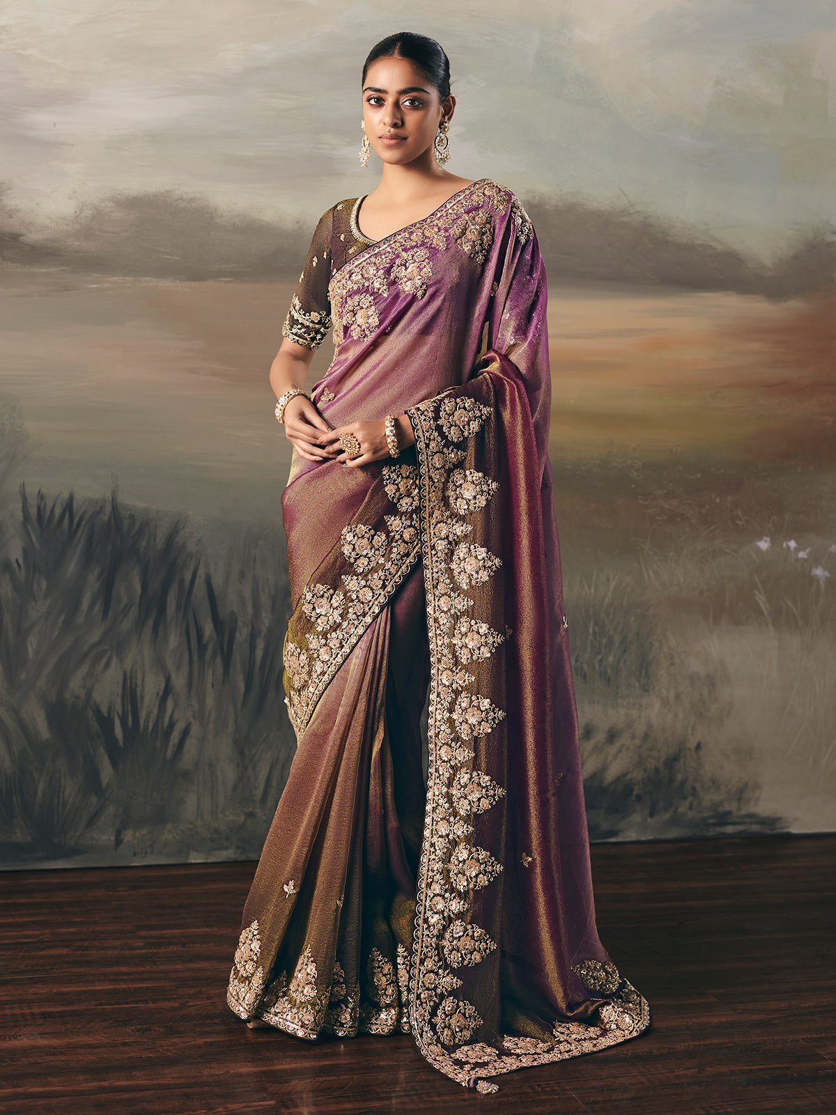 Purple tissue silk ornate festive saree
