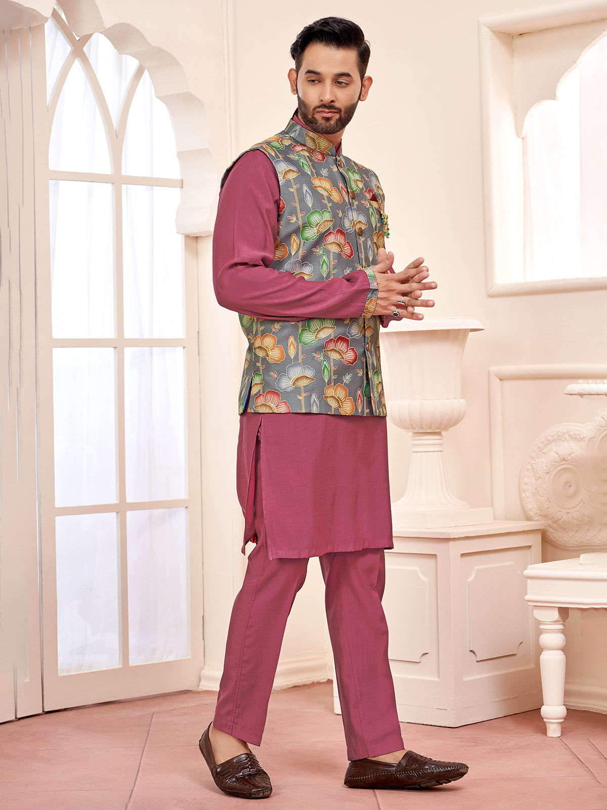 Radiant bright wine waistcoat set with fine craftsmanship