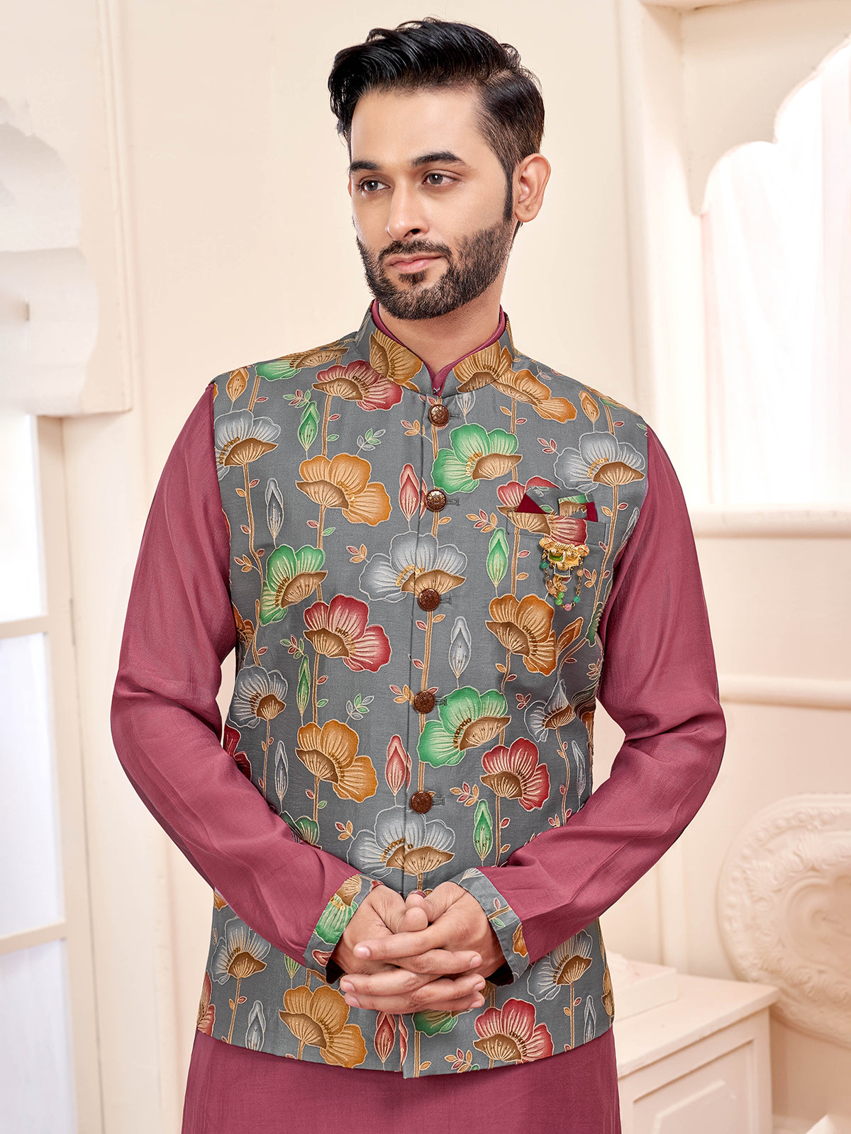 Radiant bright wine waistcoat set with fine craftsmanship