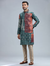 Rama blue cotton silk printed kurta set for men