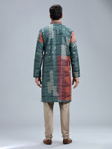 Rama blue cotton silk printed kurta set for men