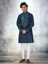 Rama blue silk embroidered kurta suit for weddings