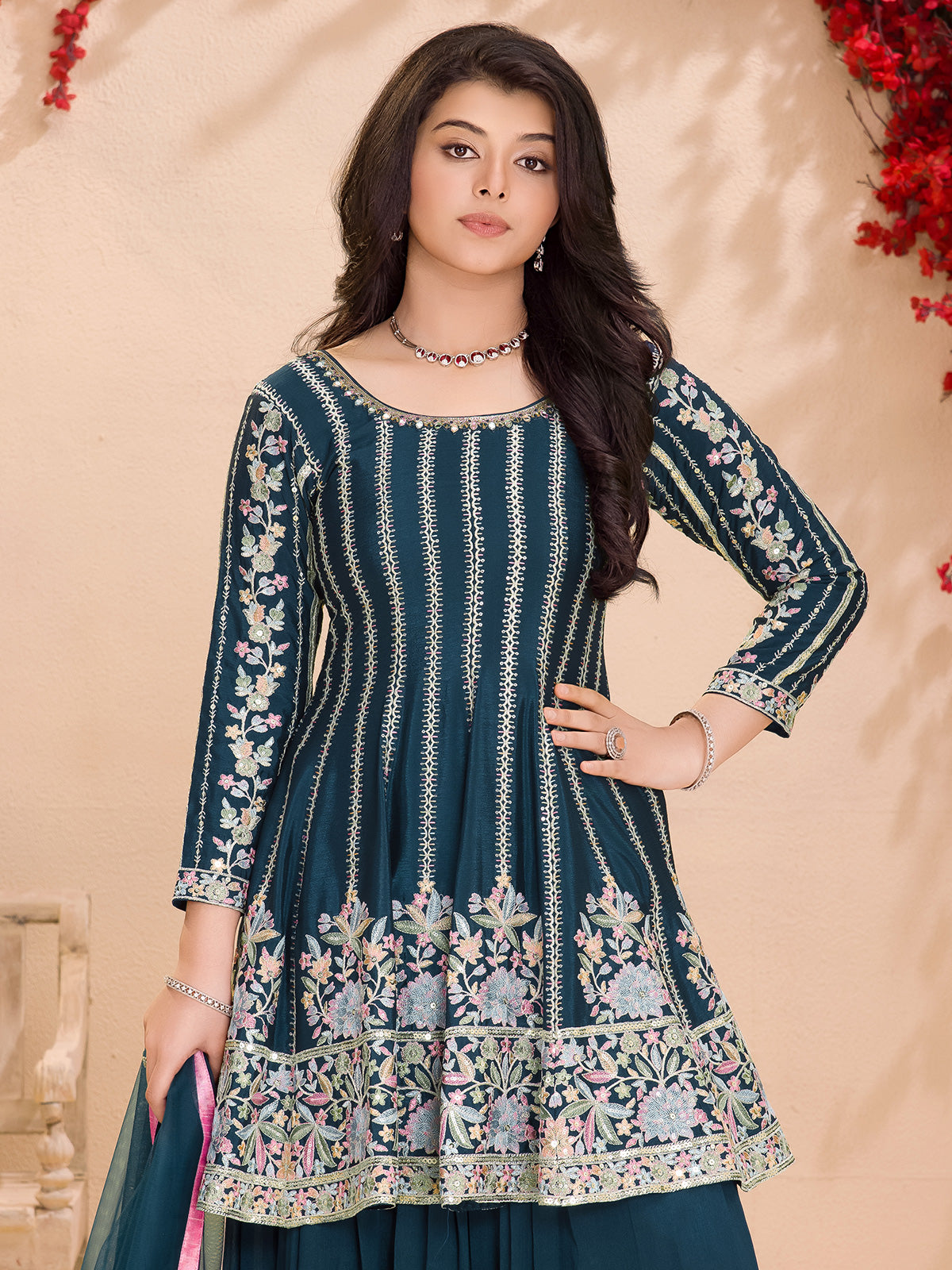 Rama blue silk georgette embroidered palazzo suit with dupatta