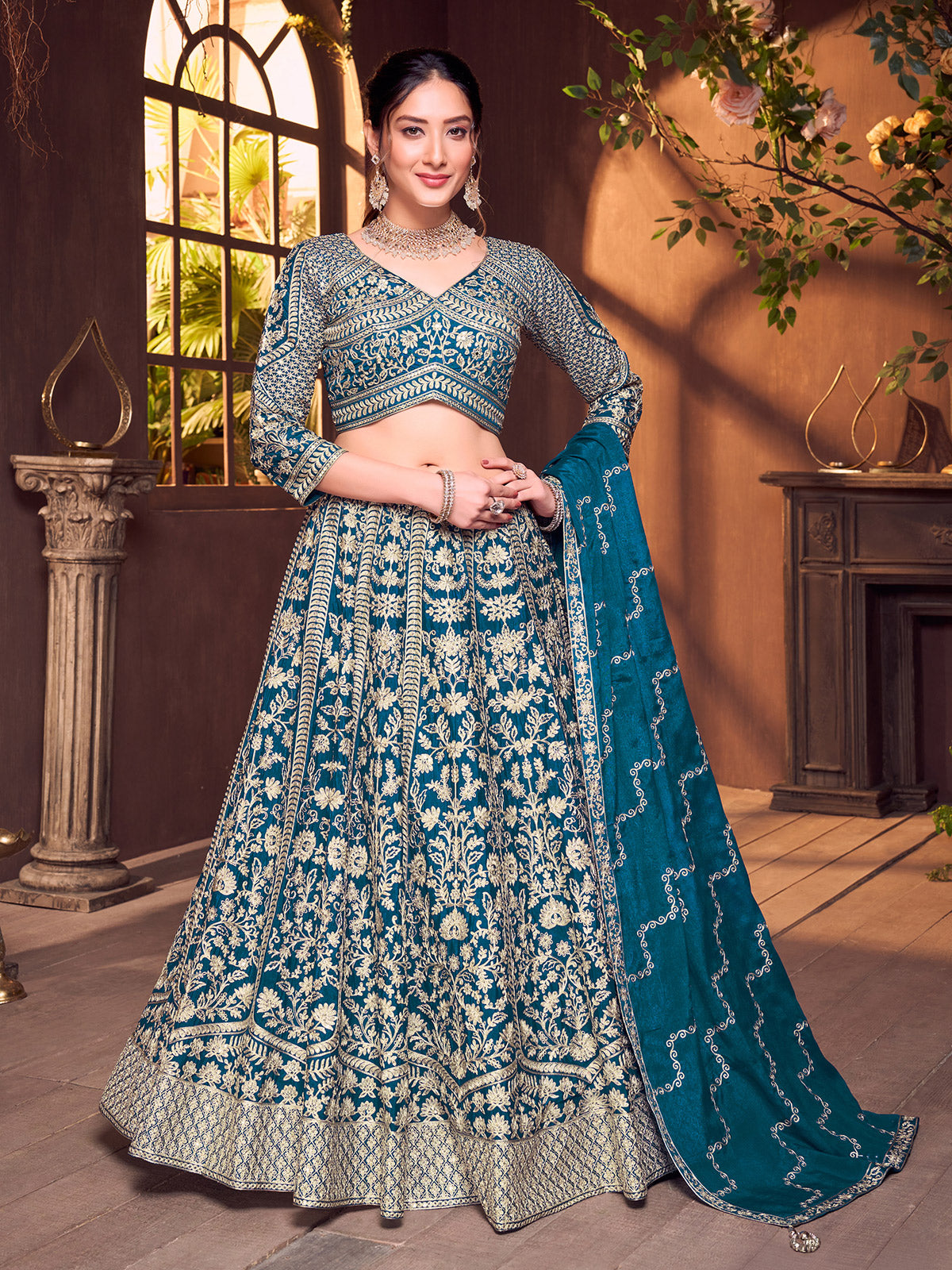 Rama blue silk quarter sleeve wedding wear lehenga choli