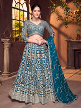Rama blue silk quarter sleeve wedding wear lehenga choli