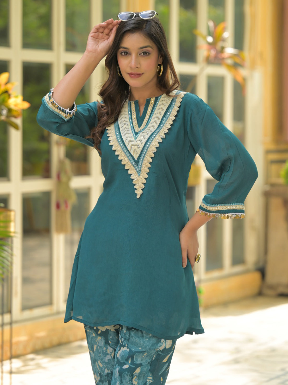Rama green floral cotton silk kurti set