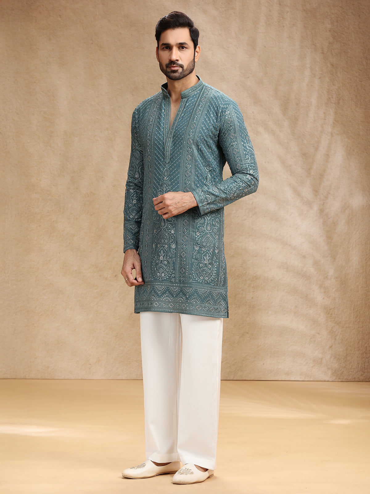 Rama green georgette kurta pajama for festival