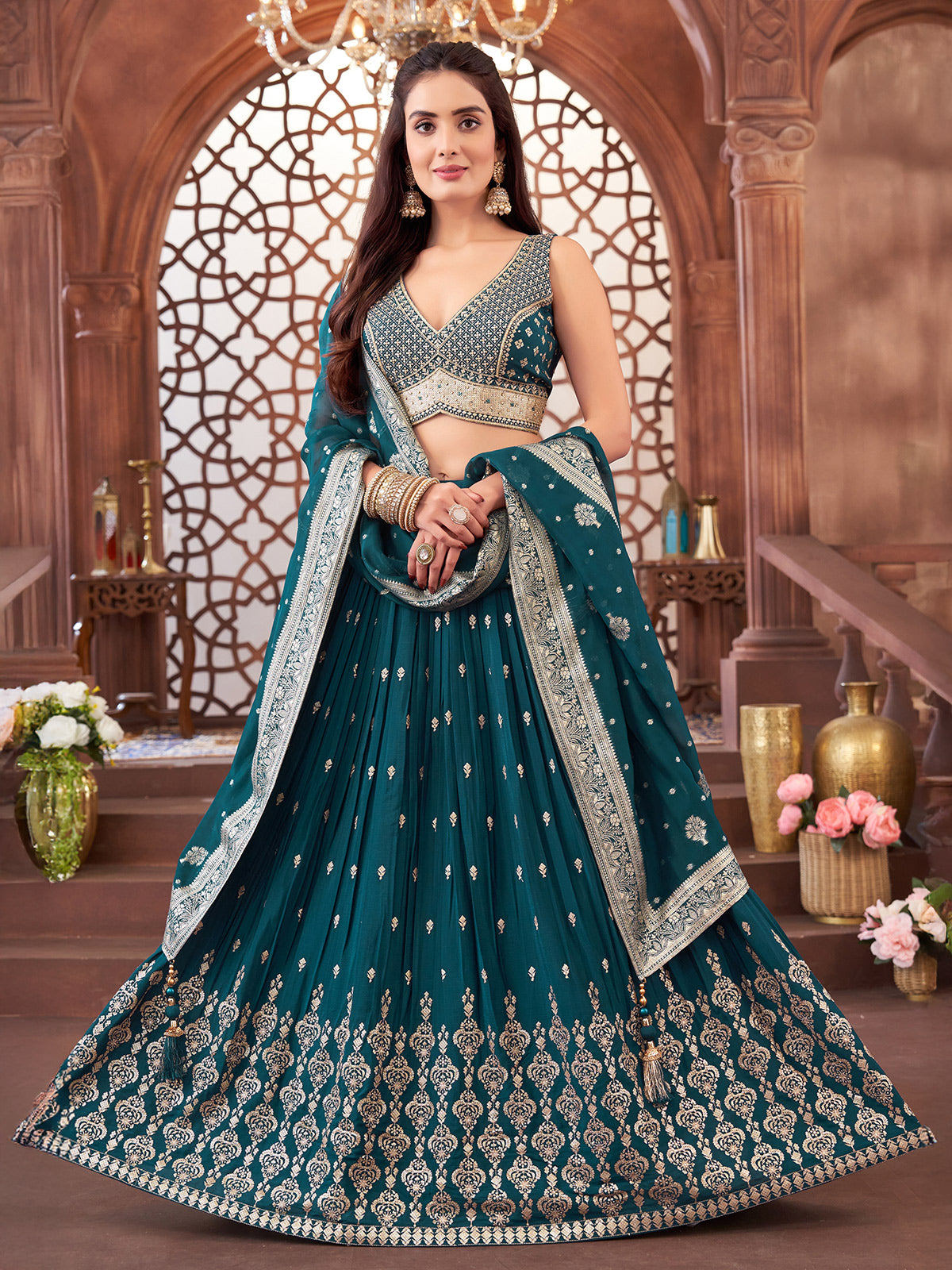 Rama blue georgette V neck cutdana lehenga choli