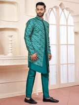 Rama green printed indo western for wedding look